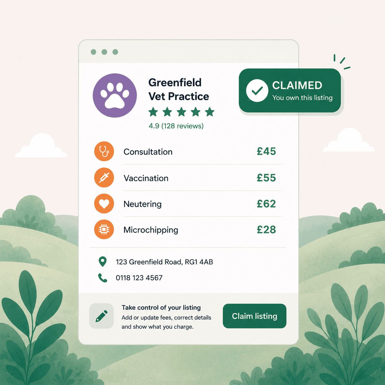 Example of a claimed veterinary practice listing on VetHound