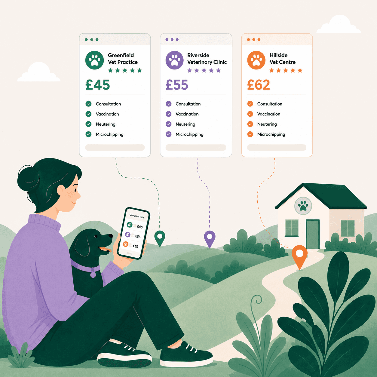 Illustration of pet owners comparing veterinary prices